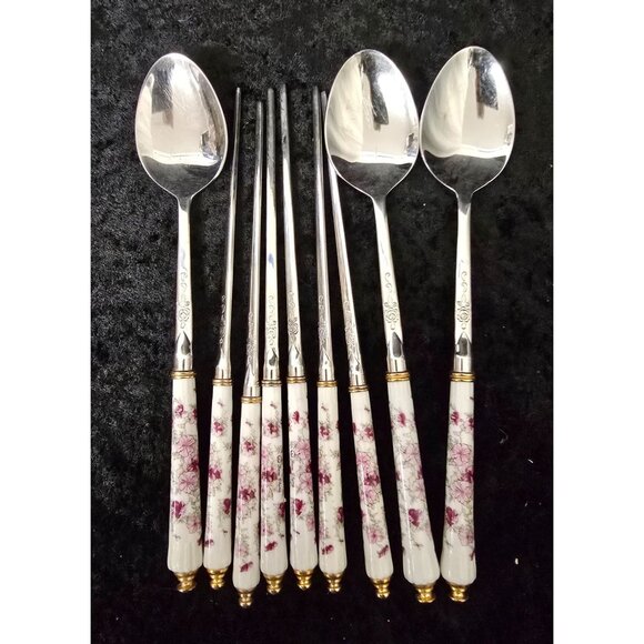 8 Baek San 18-8 Stainless 3 Spoons 3 Pairs Chopsticks Floral Bone China Handle - Picture 1 of 4